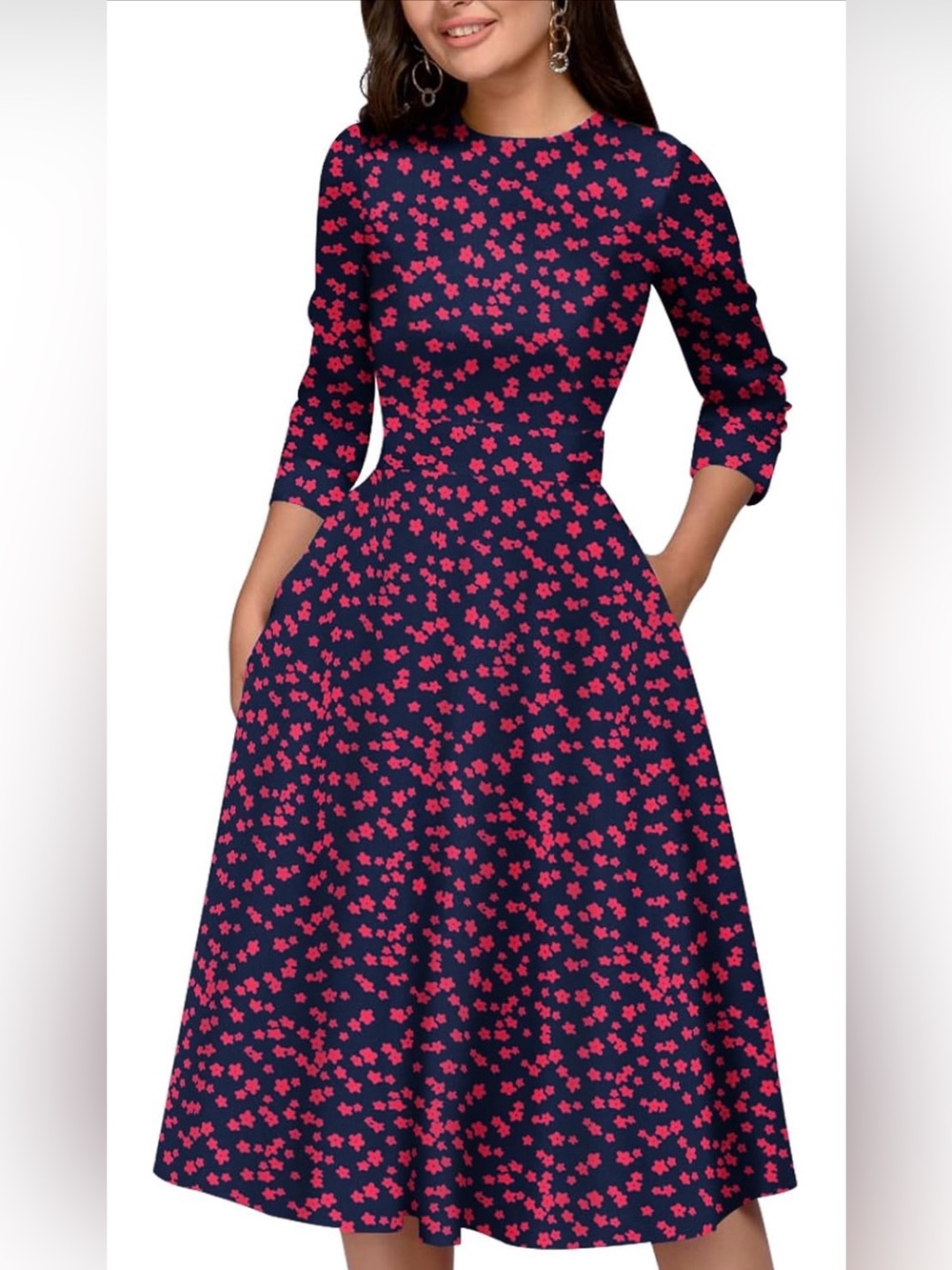 NWT Navy & Red Midi Dress with Floral Print & Fitted Waist, Small